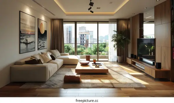 A modern living room with a large window and a city view