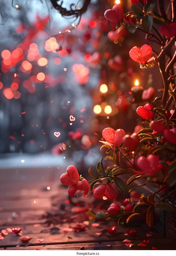 Red heart-shaped flowers and petals falling from a tree