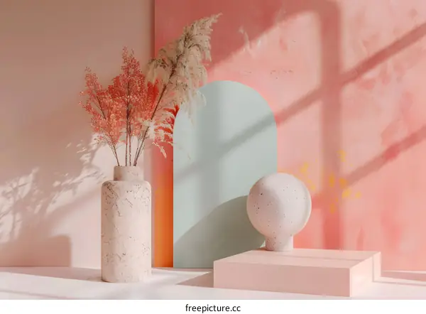 Minimalist 3D Render of a Light Pink and Green Background with a Vase of Dried Flowers