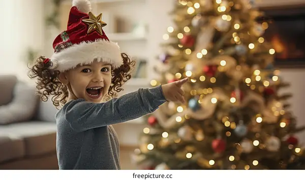 Little girl pointing at Christmas tree