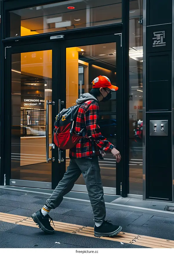 Man Walking On Sidewalk In Front Of Building