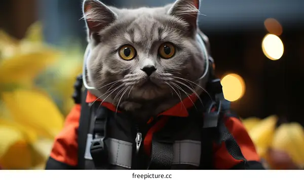 A gray cat wearing an orange and black jacket