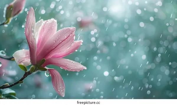 Pink Magnolia Blossom with Raindrops