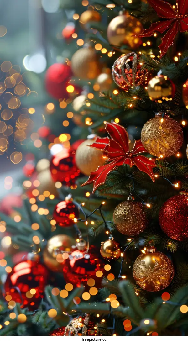 Christmas Tree Decorated with Red, Gold, and Green Ornaments