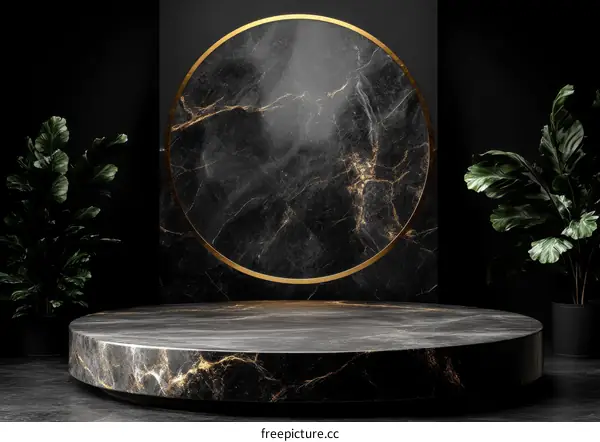 Dark Luxury Marble Podium Display with Plants