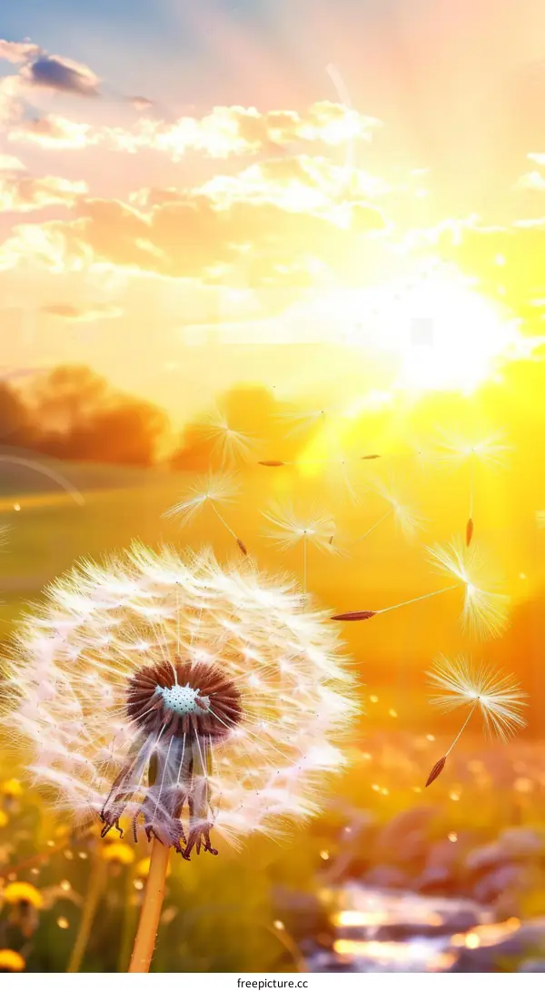 Dandelion seeds blowing in the wind at sunset