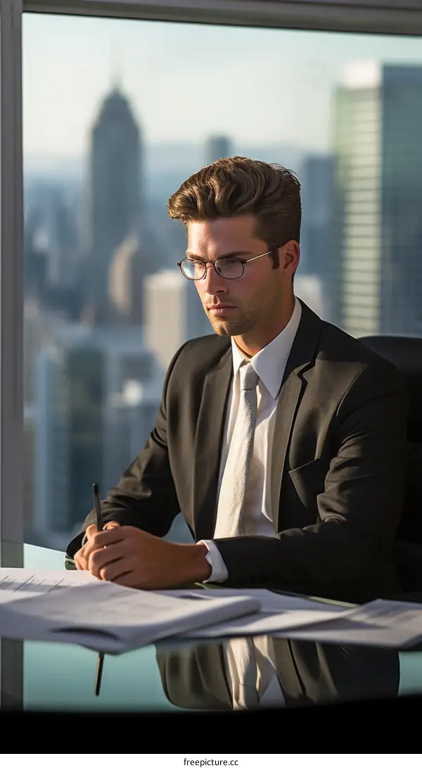 Businessman in suit jacket looking at paperwork in high-rise office