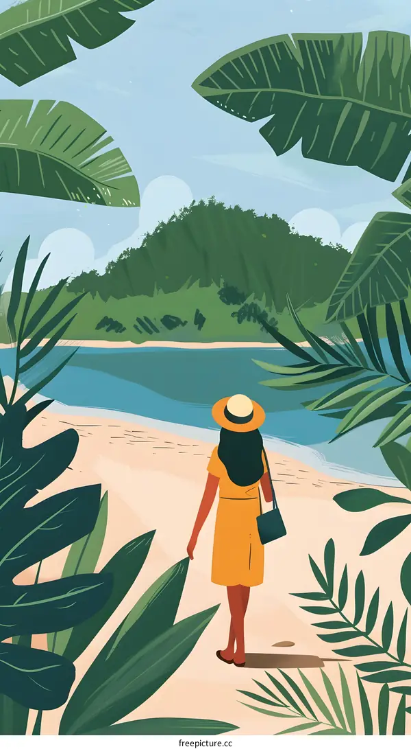 Woman in Yellow Dress Standing on Beach in Tropical Setting