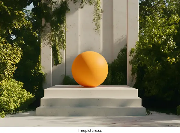 Orange Sphere on White Steps in Minimalist Garden