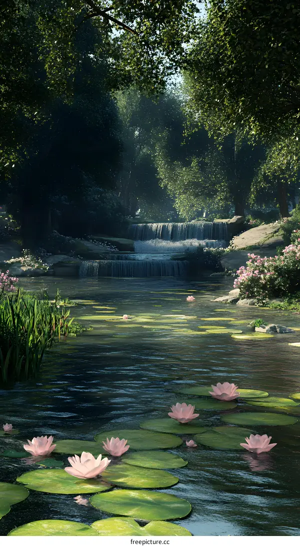 Water Lilies Floating On Calm Water In A Lush Forest