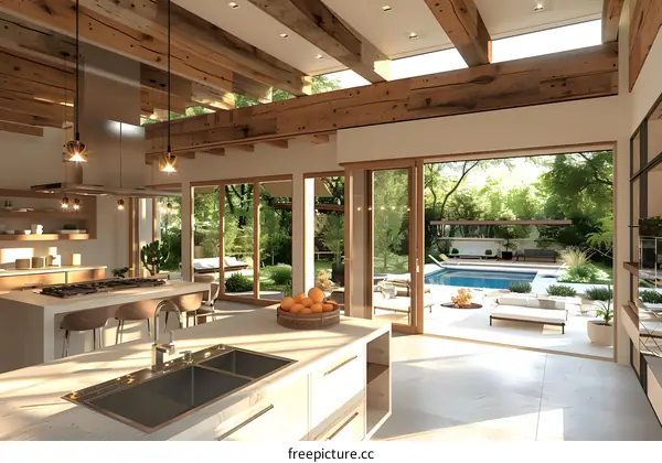 Modern Kitchen Interior Design With Wooden Beams And Large Windows