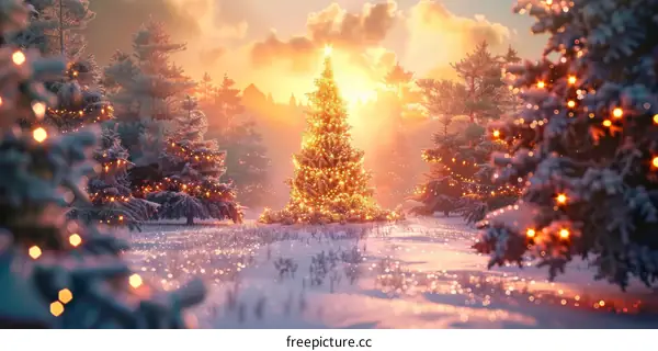 Mystical Christmas Tree in an Enchanting Winter Forest