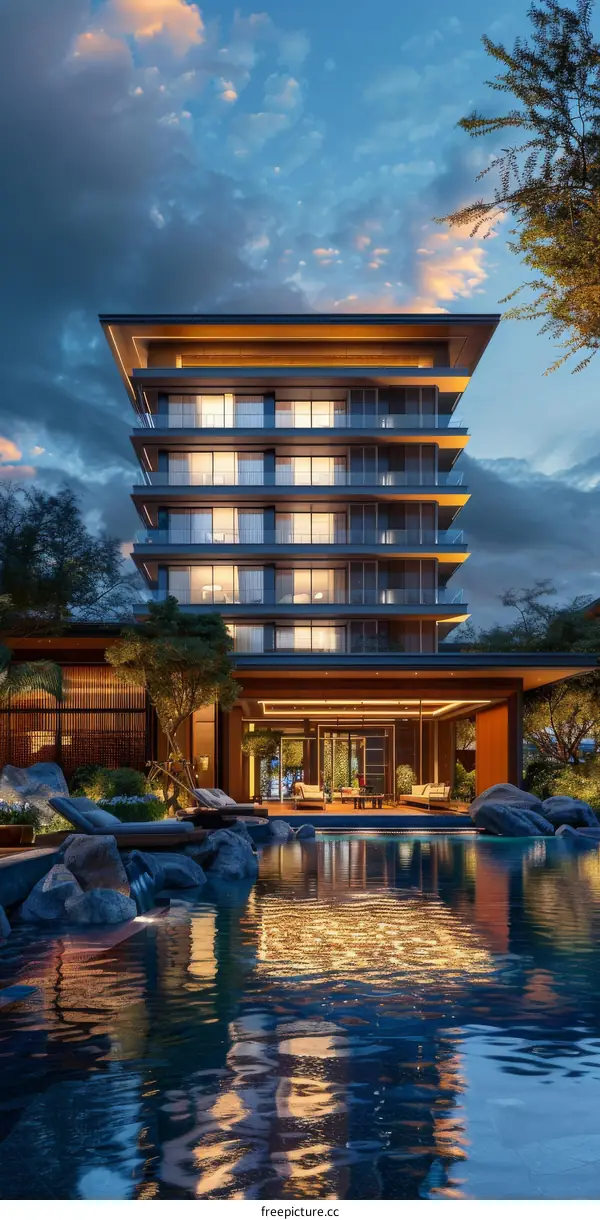 Modern Japanese Style Residential Building by the Pool