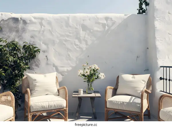 White Wall with Rattan Chairs and Flowers