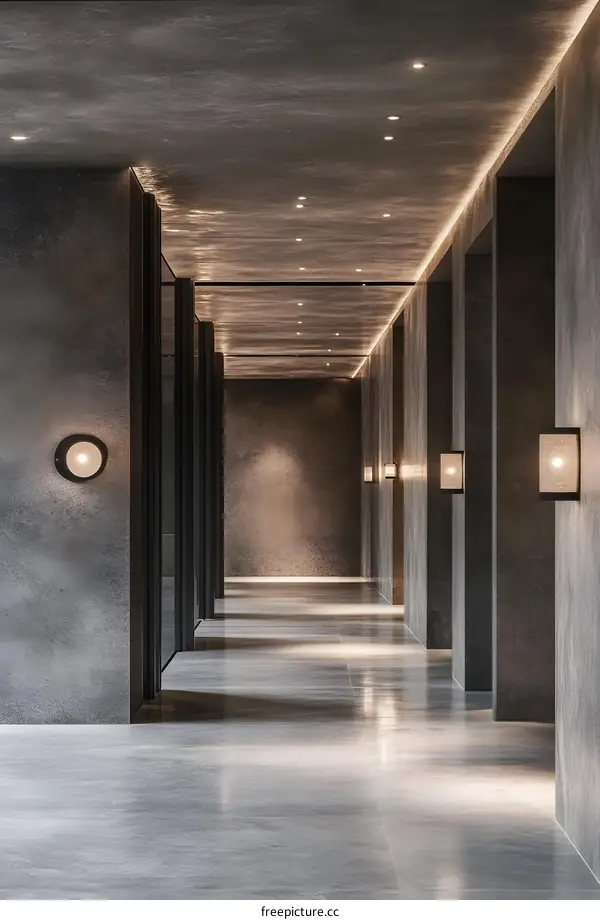 Minimalist Modern Interior Design of a Long Corridor With Grey Walls and White Ceiling