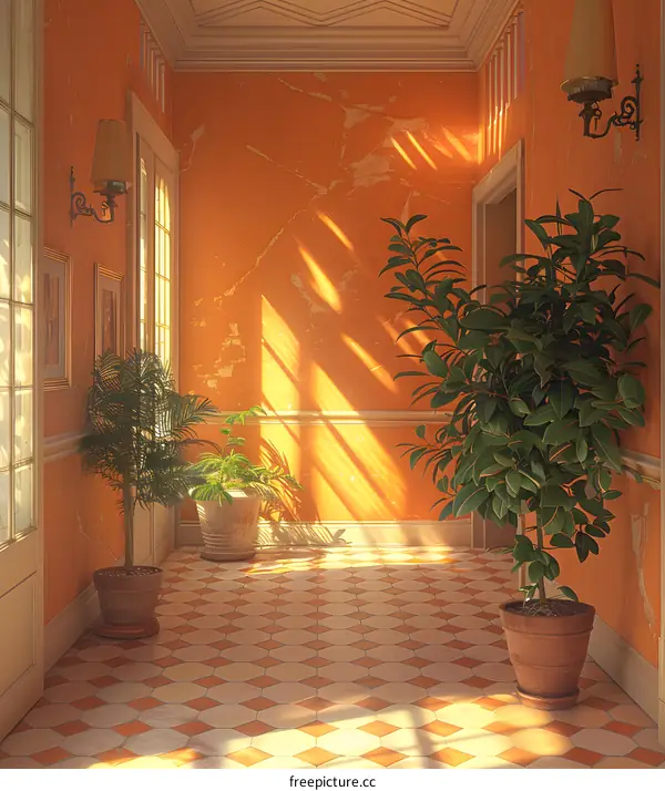 Sunlit Hallway with Plants