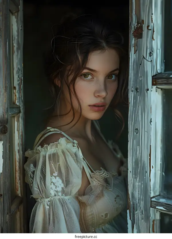 Portrait of a young woman in a white dress