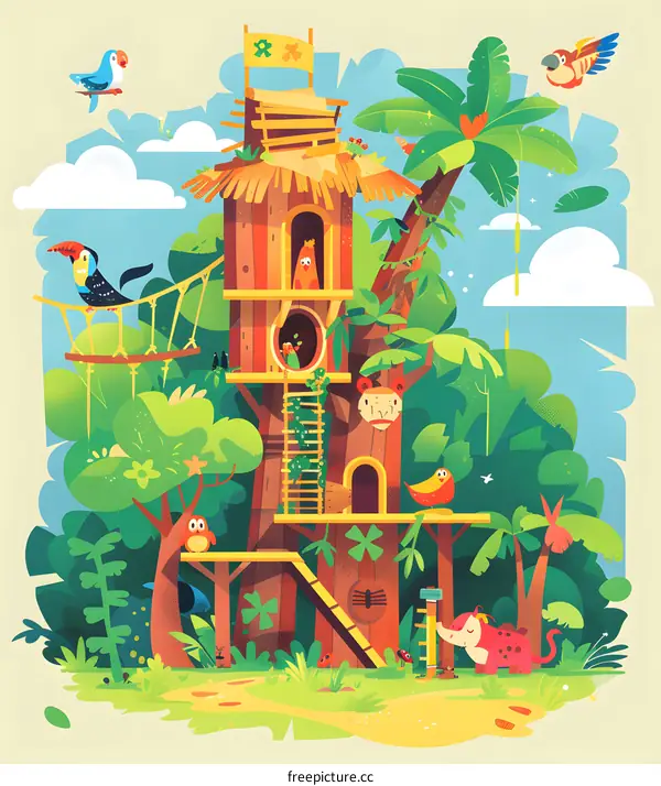 Jungle Treehouse with Colorful Birds and Animals