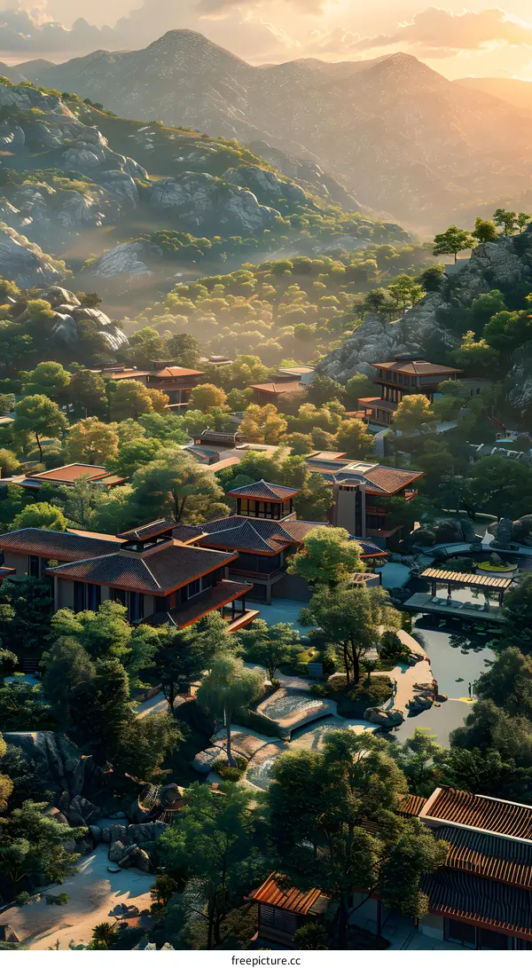 A Serene Mountain Village at Sunset