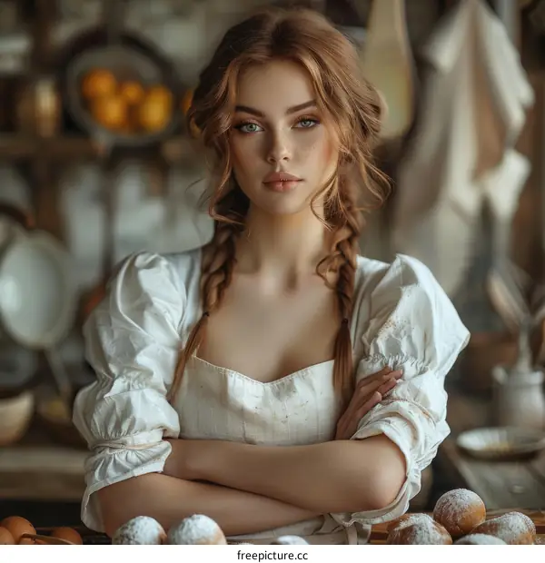 Redhead Woman in White Dress Baking in Kitchen