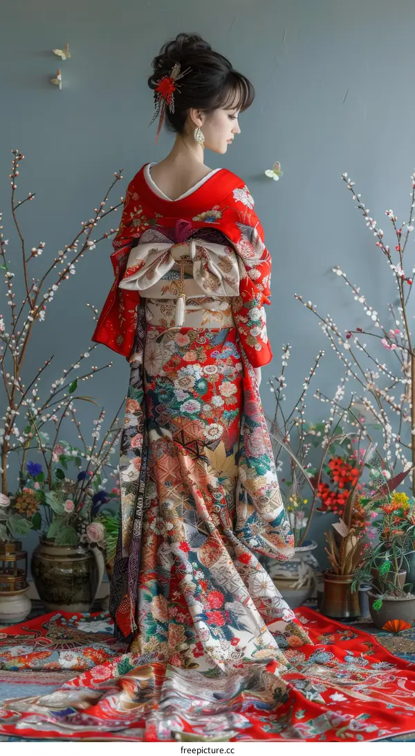A woman wearing a red kimono with floral patterns standing in front of a blue wall with cherry blossom branches.