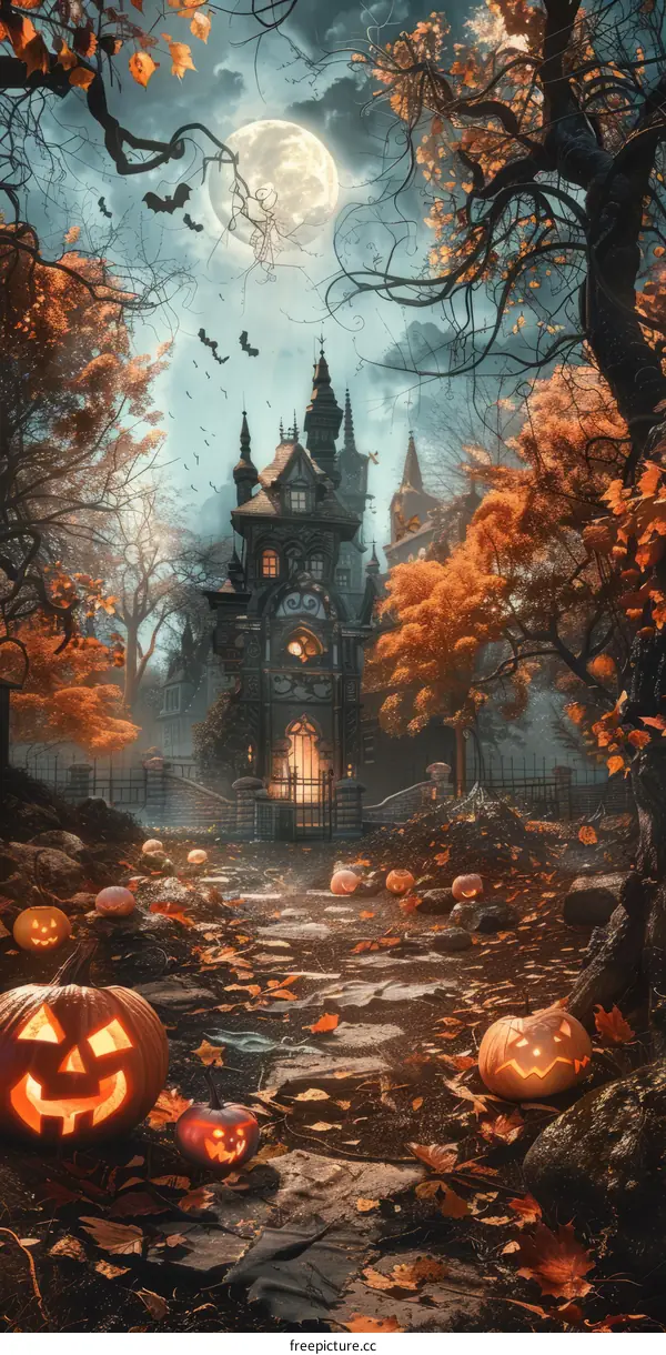 Haunted house in the middle of a forest with pumpkins and bats flying around