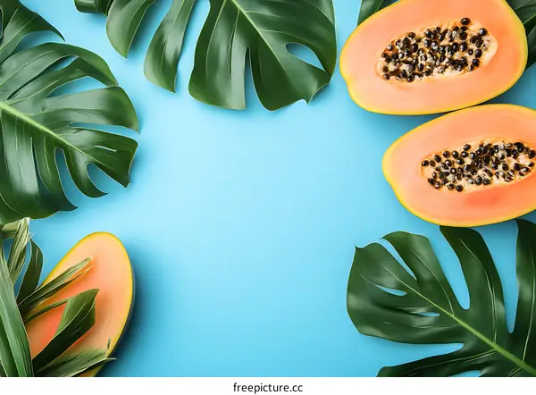 Tropical Fruit Background with Papaya and Green Leaves