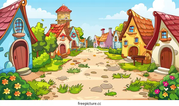 Cartoon Illustration of a Fantasy Village