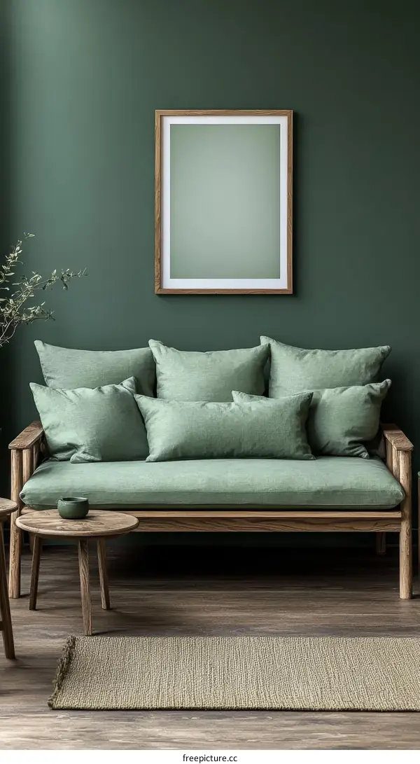 Modern Living Room Interior Design with Green Sofa and Wooden Furniture