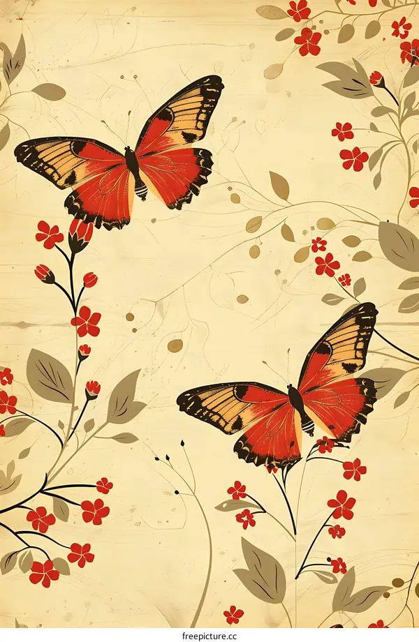 Vintage Red Butterfly Illustration with Flowers