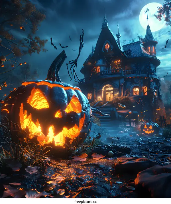 Halloween pumpkin and haunted house