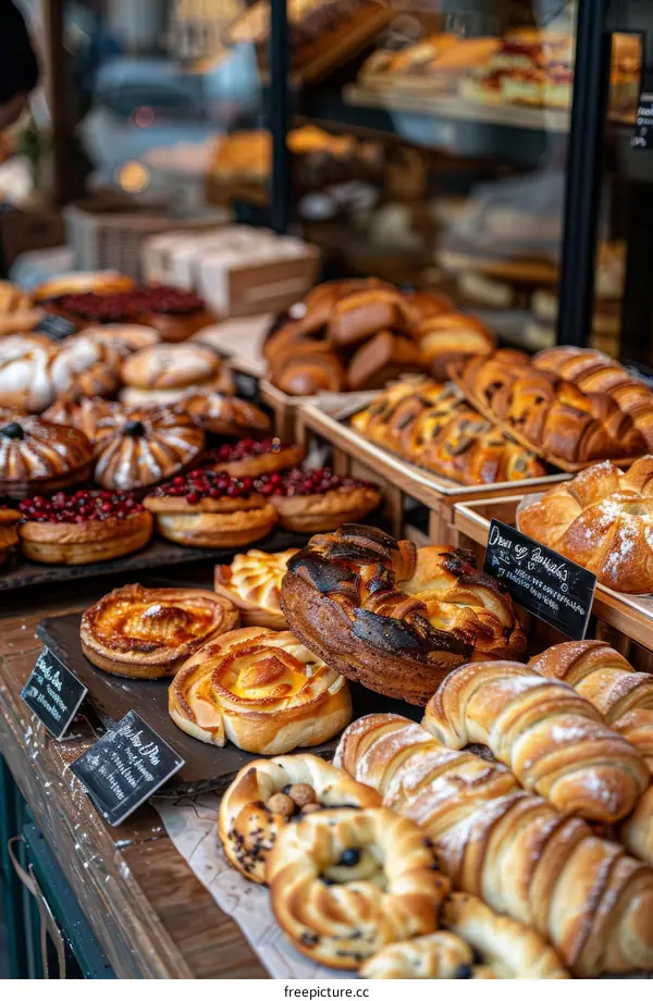 Freshly baked pastries and bread on bakery shelves
