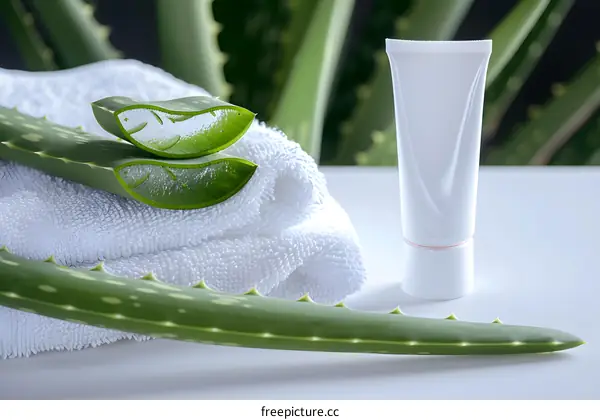 Aloe Vera Plant and Cream Tube on White Towel