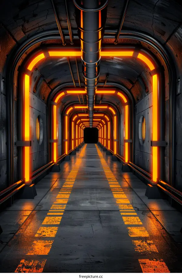 Futuristic sci-fi spaceship interior corridor tunnel with glowing orange lights