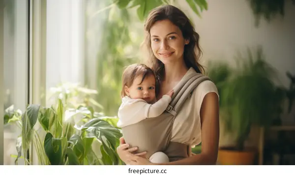 A young mother is holding her baby in a baby carrier