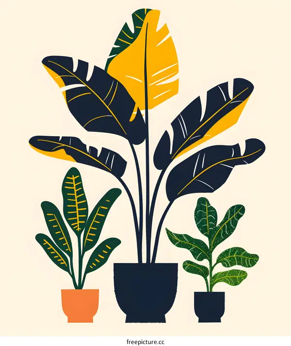 Modern Minimalist Botanical Illustration with Three Plants in Pots