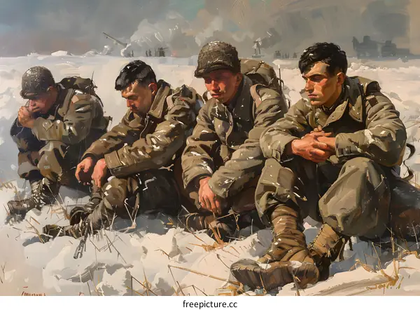 Weary Warriors Rest in the Snow During the Battle of the Bulge