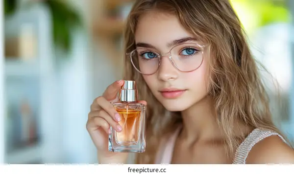 Teenage Girl with Glasses Smelling Perfume