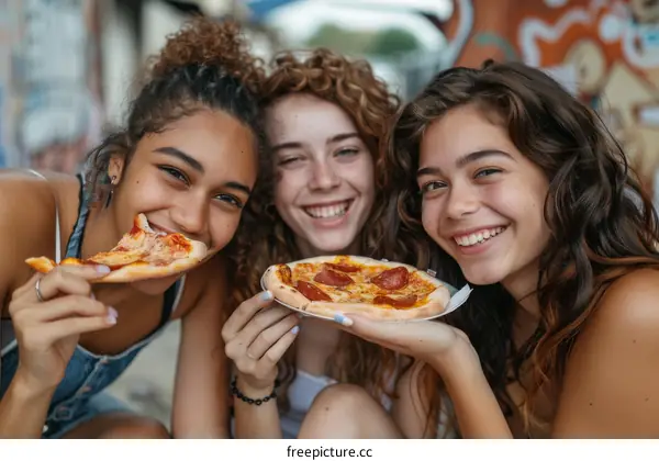 Three young women of different ethnicities eating pizza together