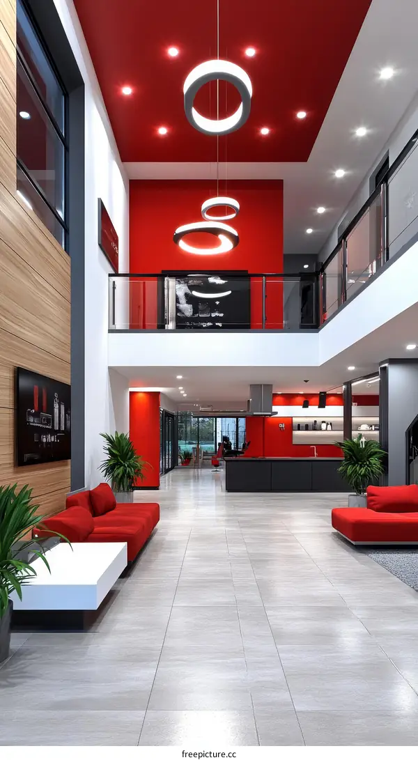 Modern Lobby Interior Design with Red Accents