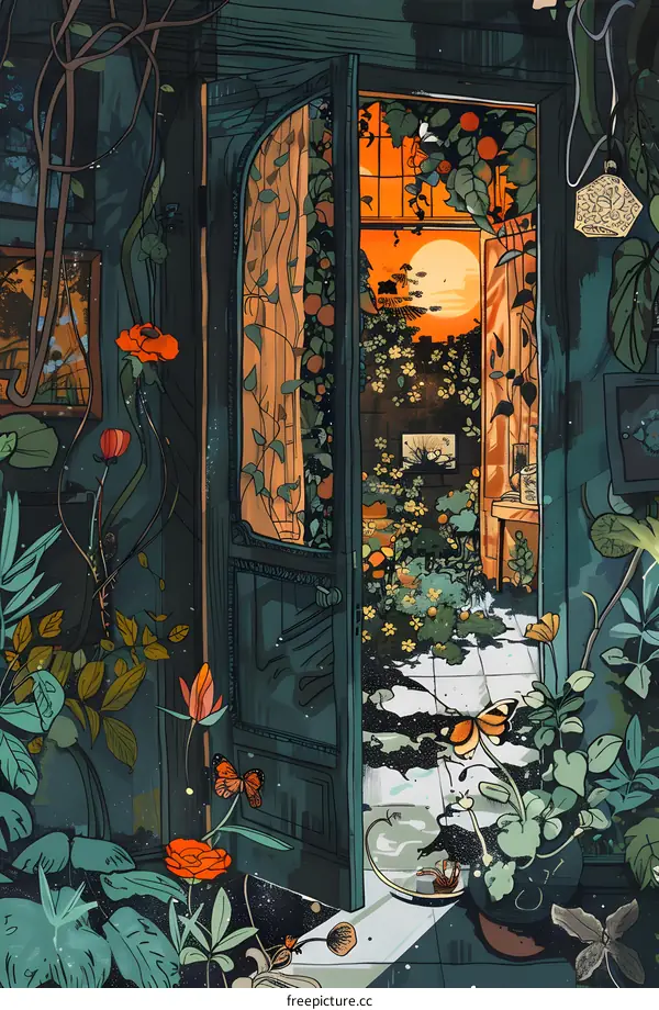 Open Door to a Garden Illustration