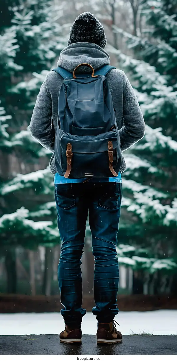 Man Wearing Backpack in Winter