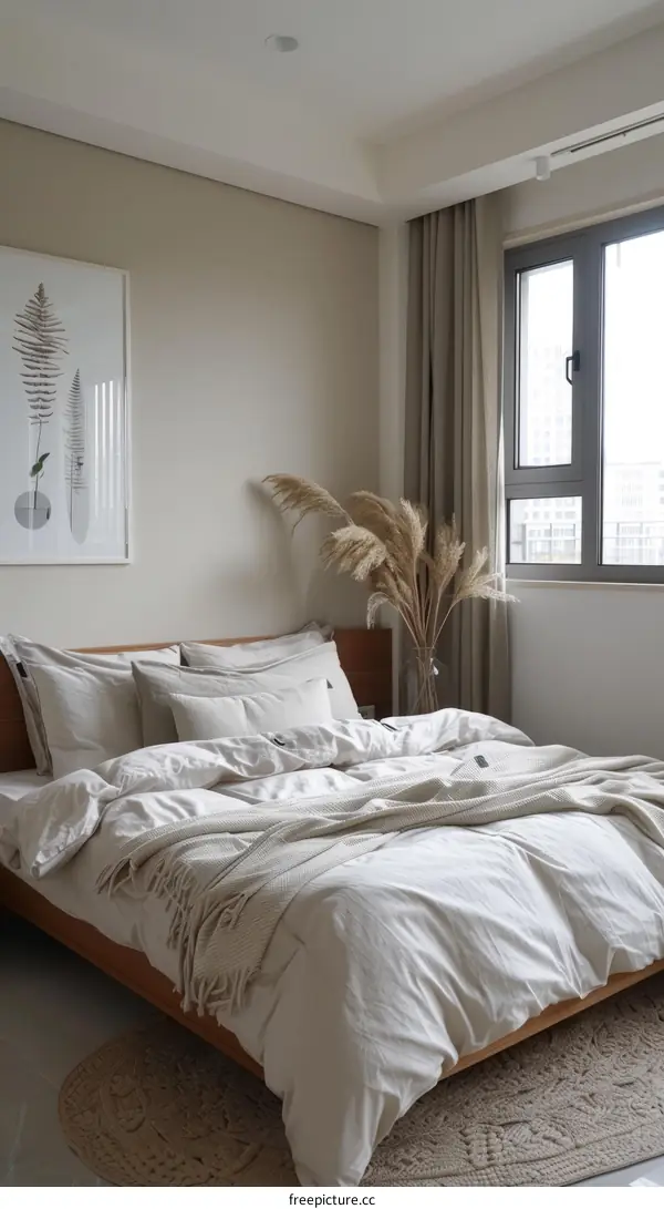 Bedroom with Bed, Rug, Plant, and Wall Art Decor