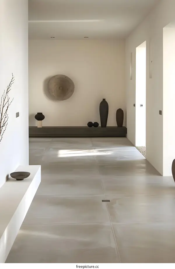 Minimalist Interior Design with Wooden Wall Art and Ceramic Vases