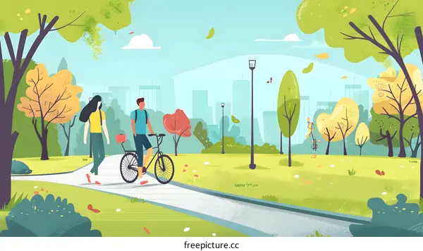 Couple Walking in Park With Bicycle Illustration