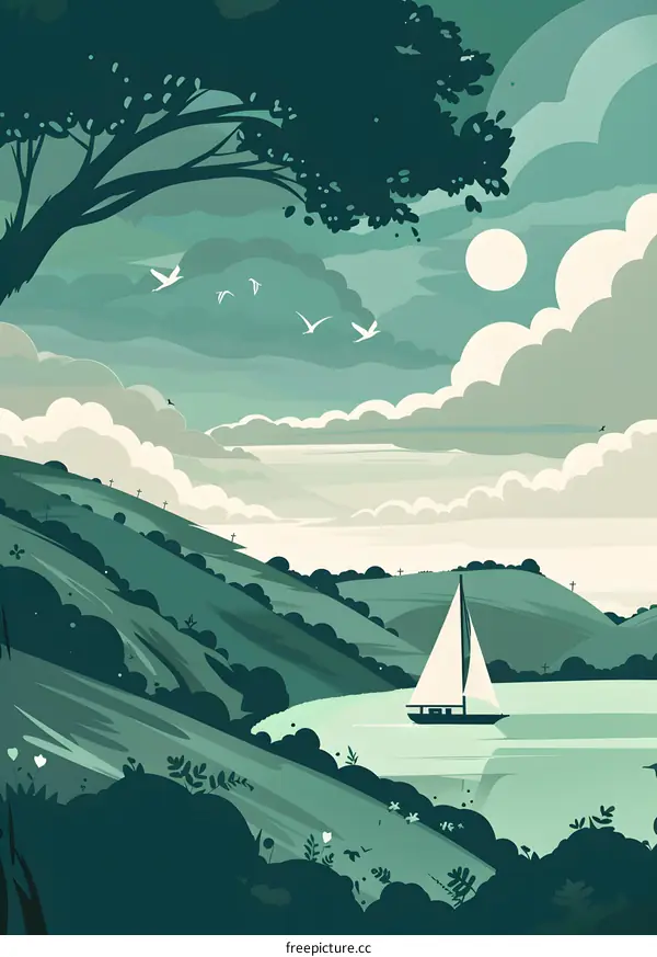 Green Hills And Clouds Illustration