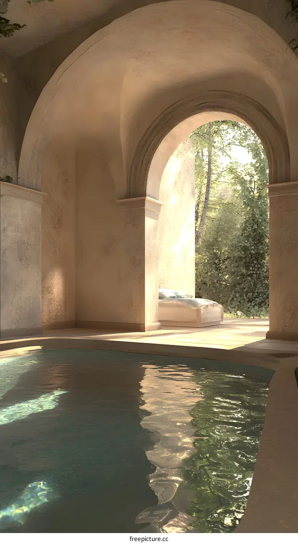 Luxury Swimming Pool with Archway and Stone Wall