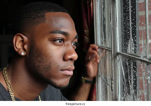 Melancholy Man Contemplating Through a Rainy Window