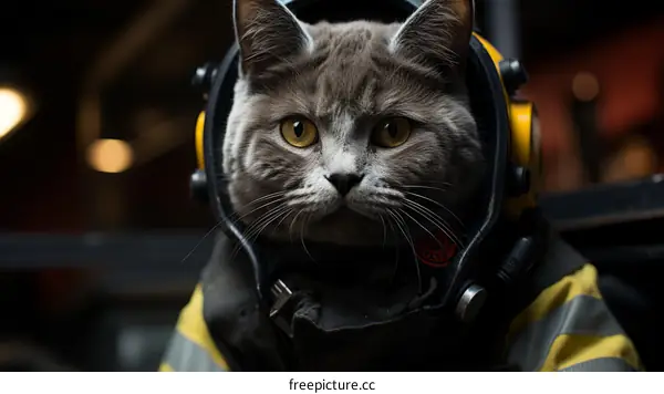 Firefighter Cat: Wearing Helmet and Gear
