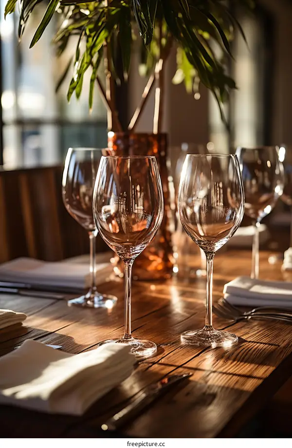 Elegant restaurant table setting with wine glasses